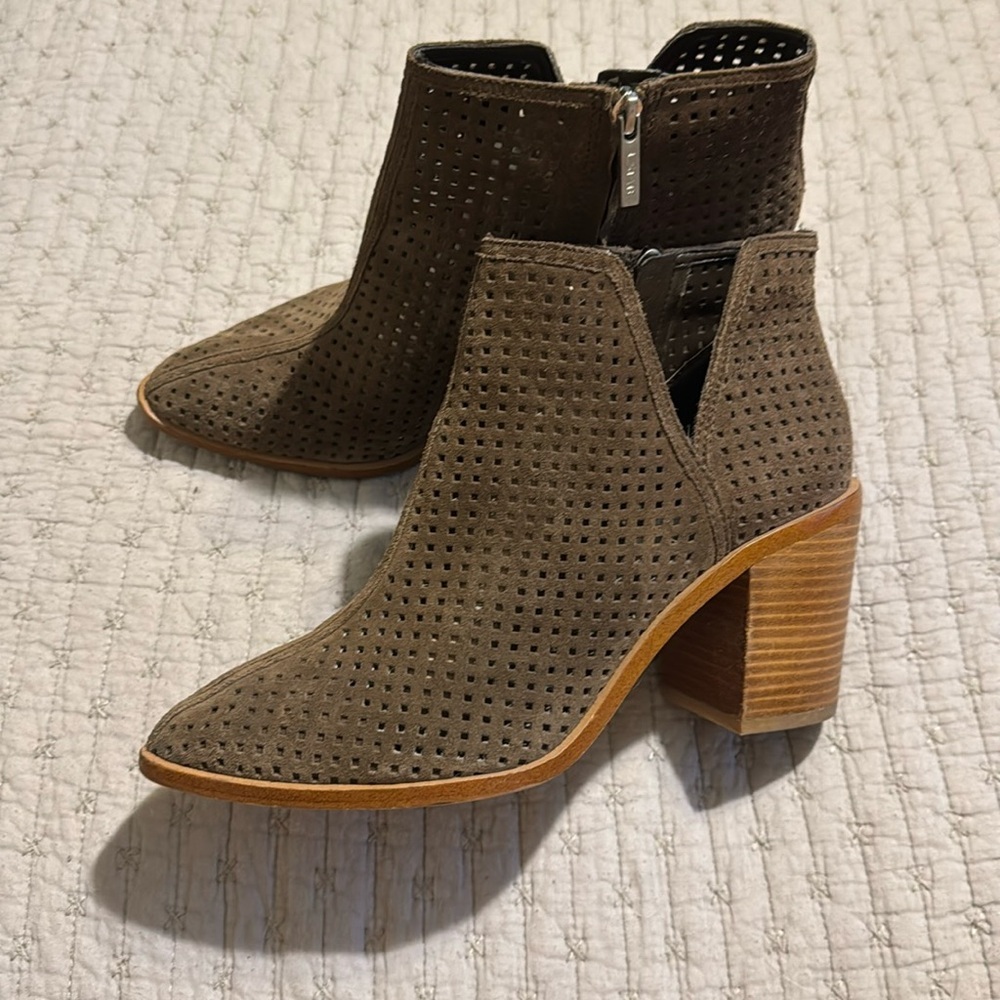 Taupe chunky perforated booties with ~4-inch heels. Size 10.5